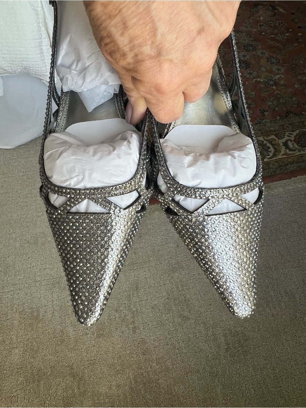 Steve Madden Silver / Pewter Rhinestone Pointed Slingback Heels - Picture 2 of 7